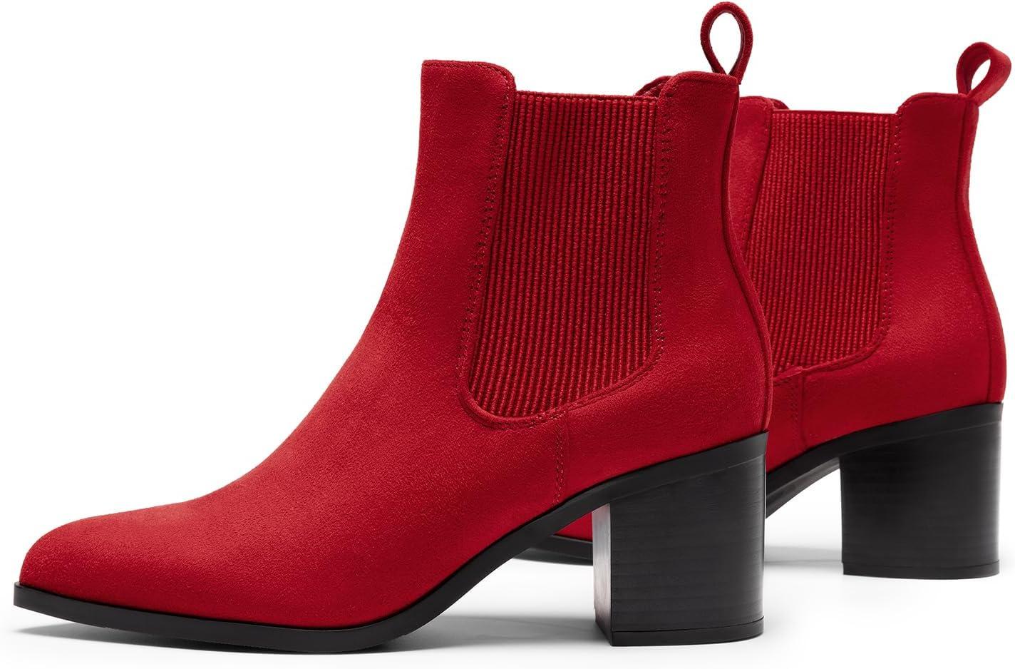 imageDREAM PAIRS Womens Retro Elastic Chelsea Ankle Boots Fashion Low Chunky Block Heel Pointed Toe Fall Heeled Booties ShoesRedsuede