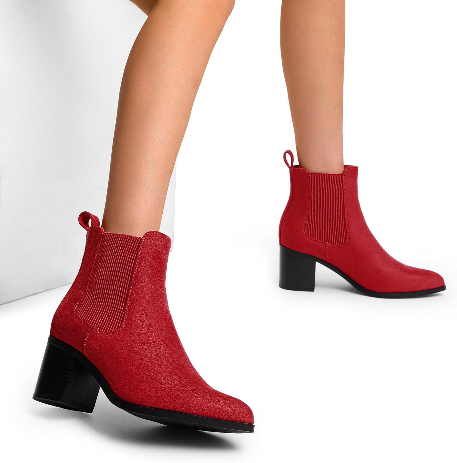 imageDREAM PAIRS Womens Retro Elastic Chelsea Ankle Boots Fashion Low Chunky Block Heel Pointed Toe Fall Heeled Booties ShoesRedsuede