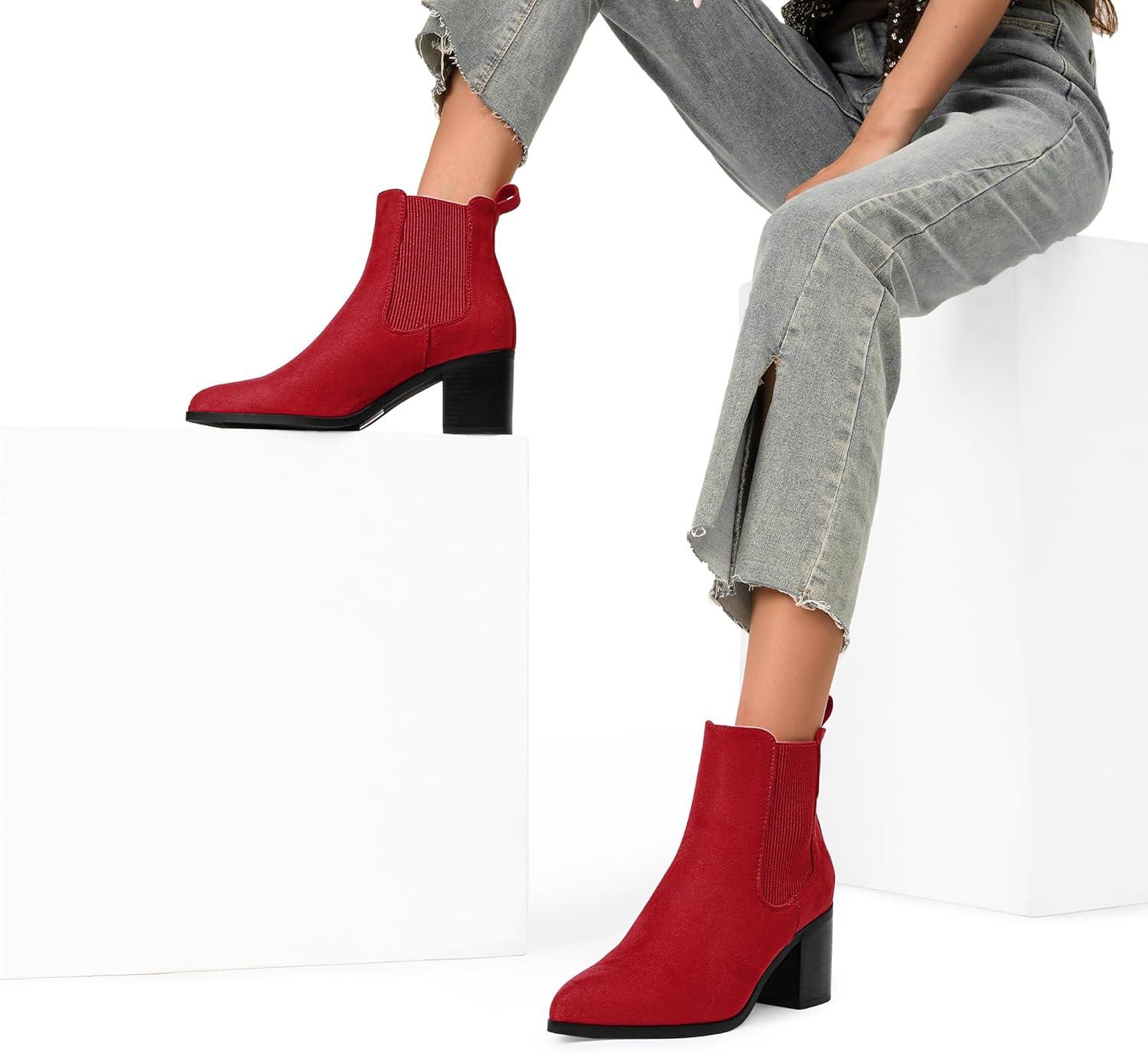 imageDREAM PAIRS Womens Retro Elastic Chelsea Ankle Boots Fashion Low Chunky Block Heel Pointed Toe Fall Heeled Booties ShoesRedsuede