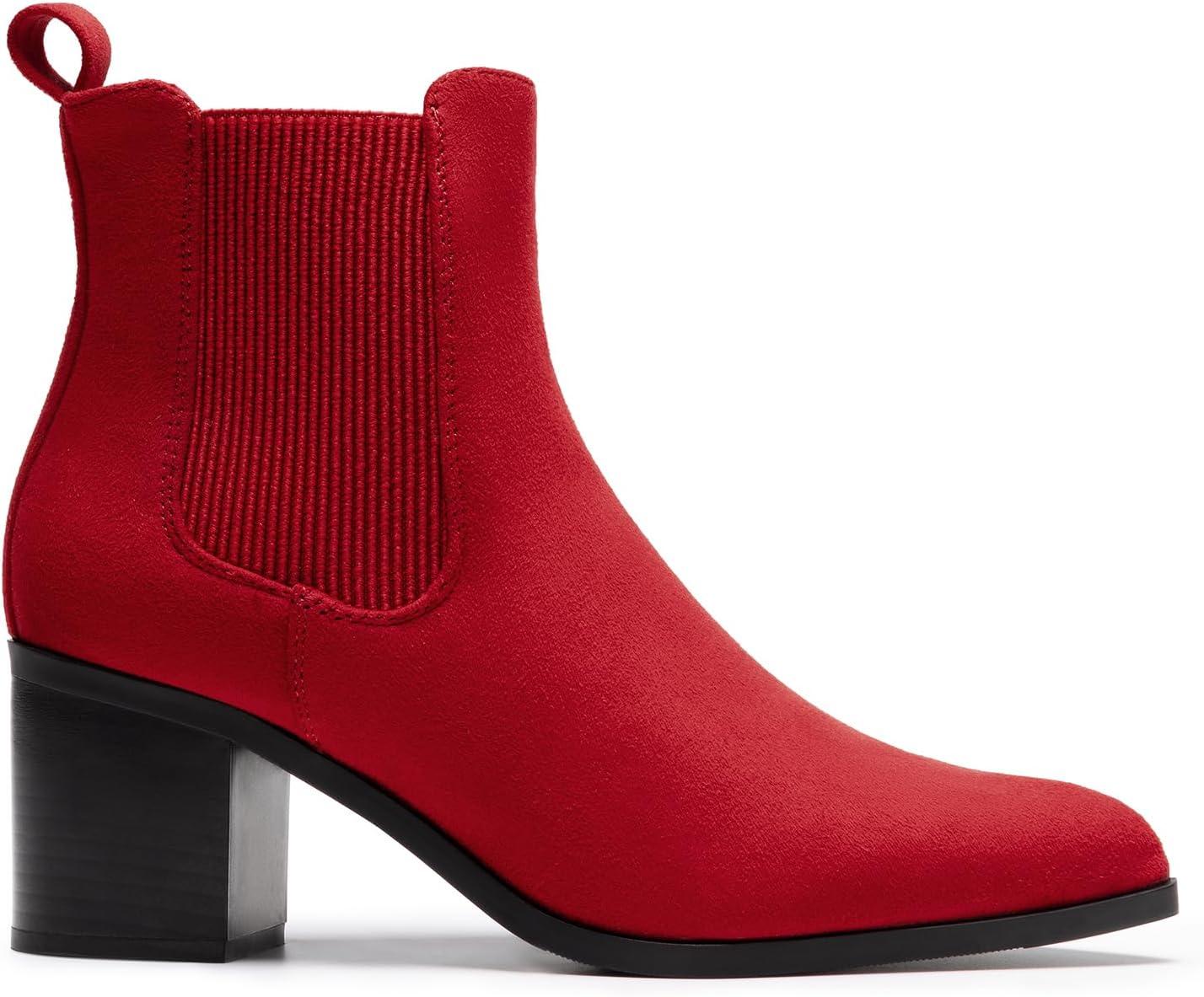 imageDREAM PAIRS Womens Retro Elastic Chelsea Ankle Boots Fashion Low Chunky Block Heel Pointed Toe Fall Heeled Booties ShoesRedsuede