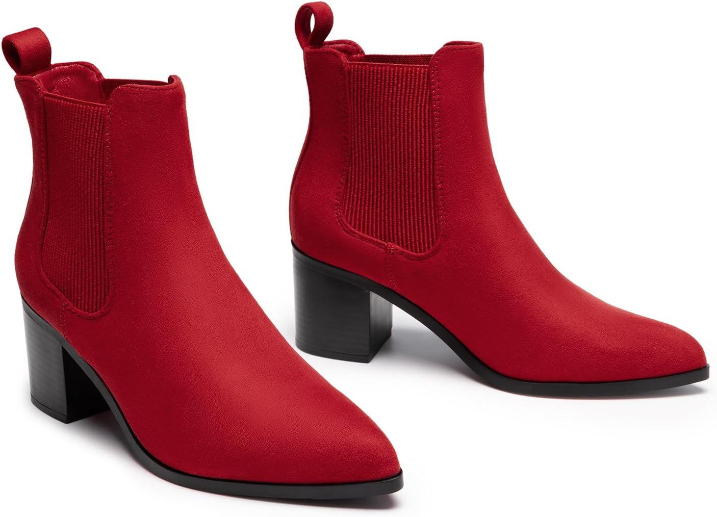 imageDREAM PAIRS Womens Retro Elastic Chelsea Ankle Boots Fashion Low Chunky Block Heel Pointed Toe Fall Heeled Booties ShoesRedsuede