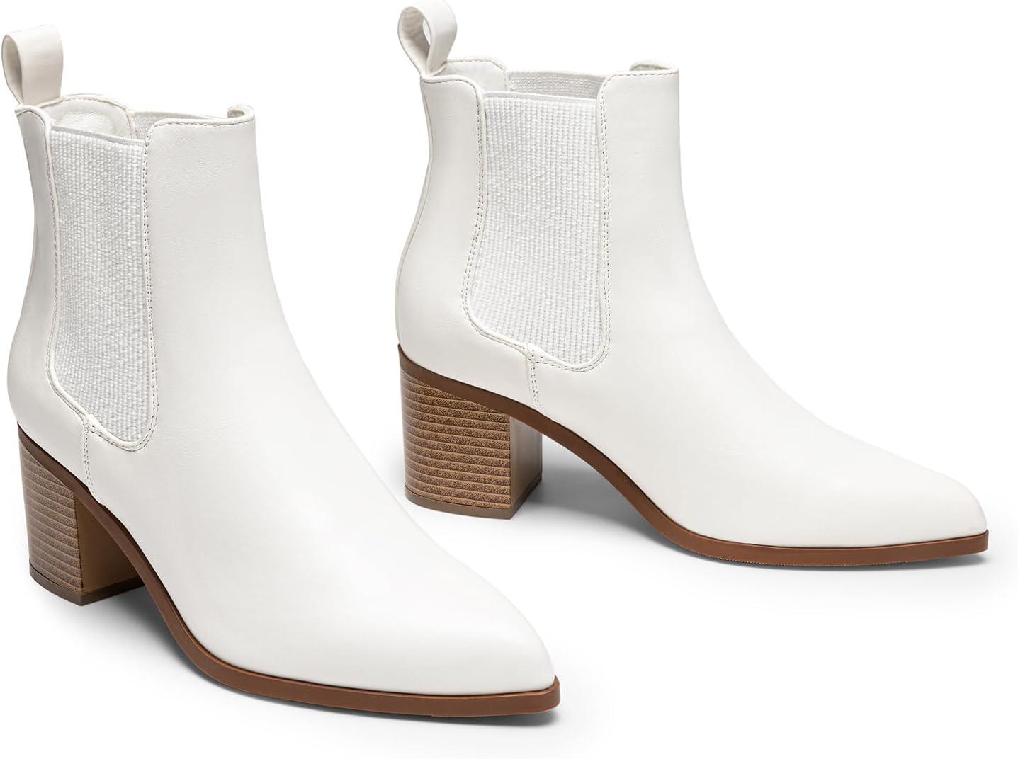 imageDREAM PAIRS Womens Retro Elastic Chelsea Ankle Boots Fashion Low Chunky Block Heel Pointed Toe Fall Heeled Booties ShoesWhitepu