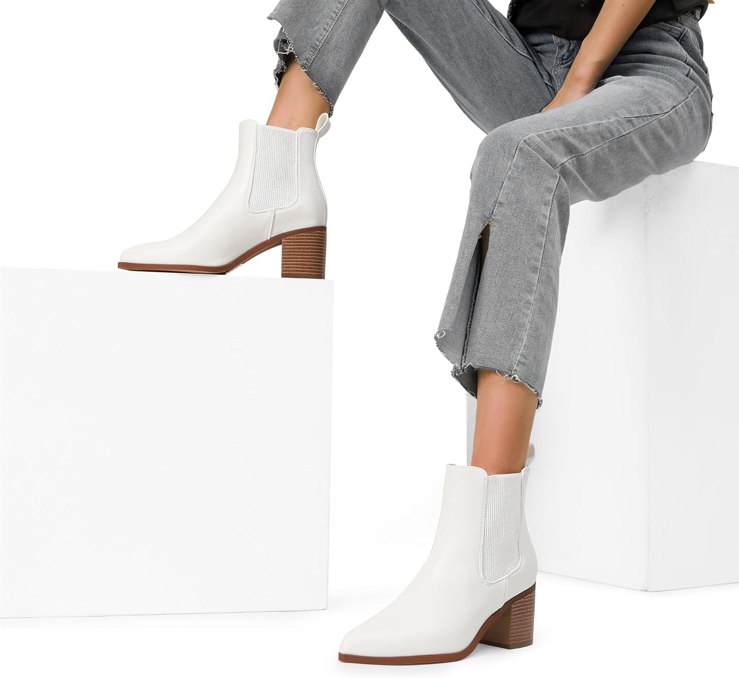 imageDREAM PAIRS Womens Retro Elastic Chelsea Ankle Boots Fashion Low Chunky Block Heel Pointed Toe Fall Heeled Booties ShoesWhitepu