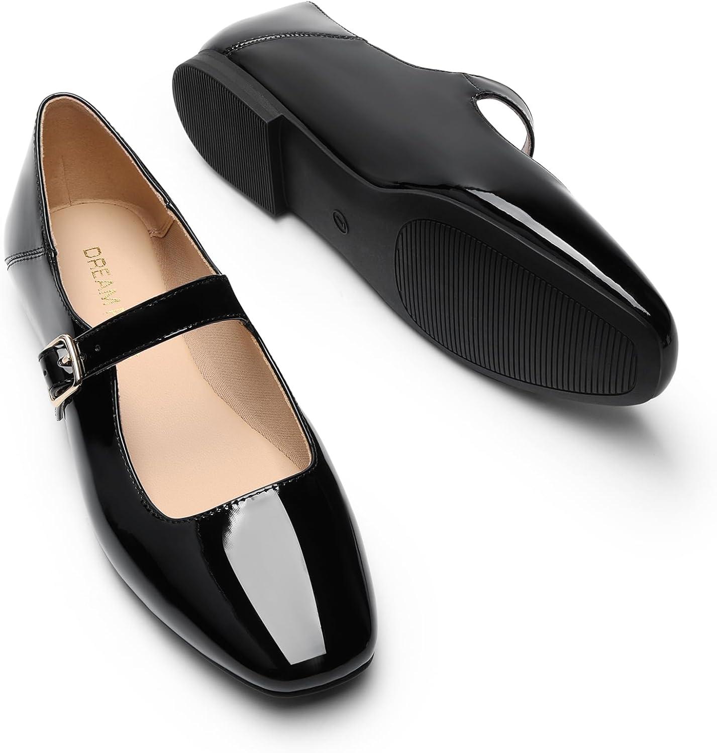 imageDREAM PAIRS Womens Silver Square Toe Mary Jane Flats Comfortable Casual Slip On Dress Shoes with Buckle Strap for Womens Daily WearBlackpat