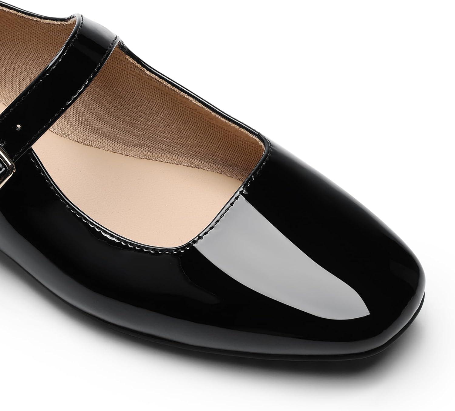 imageDREAM PAIRS Womens Silver Square Toe Mary Jane Flats Comfortable Casual Slip On Dress Shoes with Buckle Strap for Womens Daily WearBlackpat