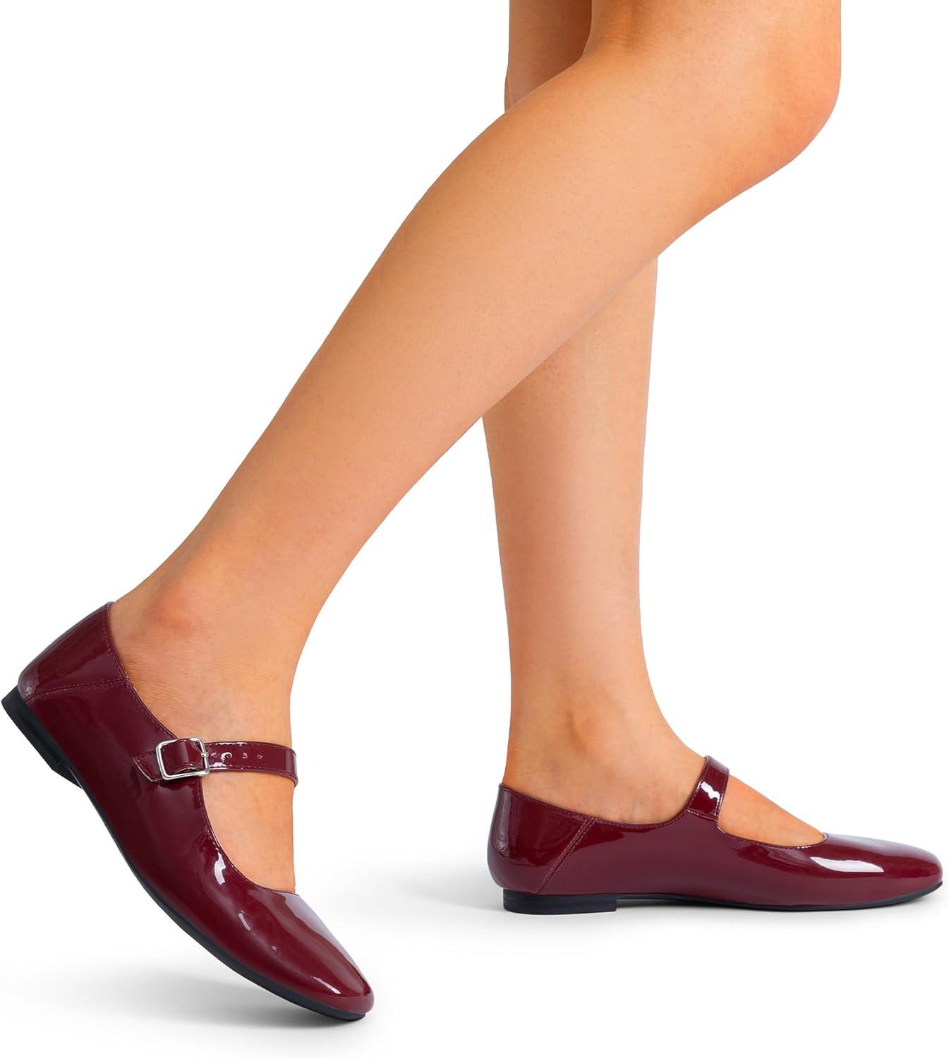 imageDREAM PAIRS Womens Silver Square Toe Mary Jane Flats Comfortable Casual Slip On Dress Shoes with Buckle Strap for Womens Daily WearBurgundy