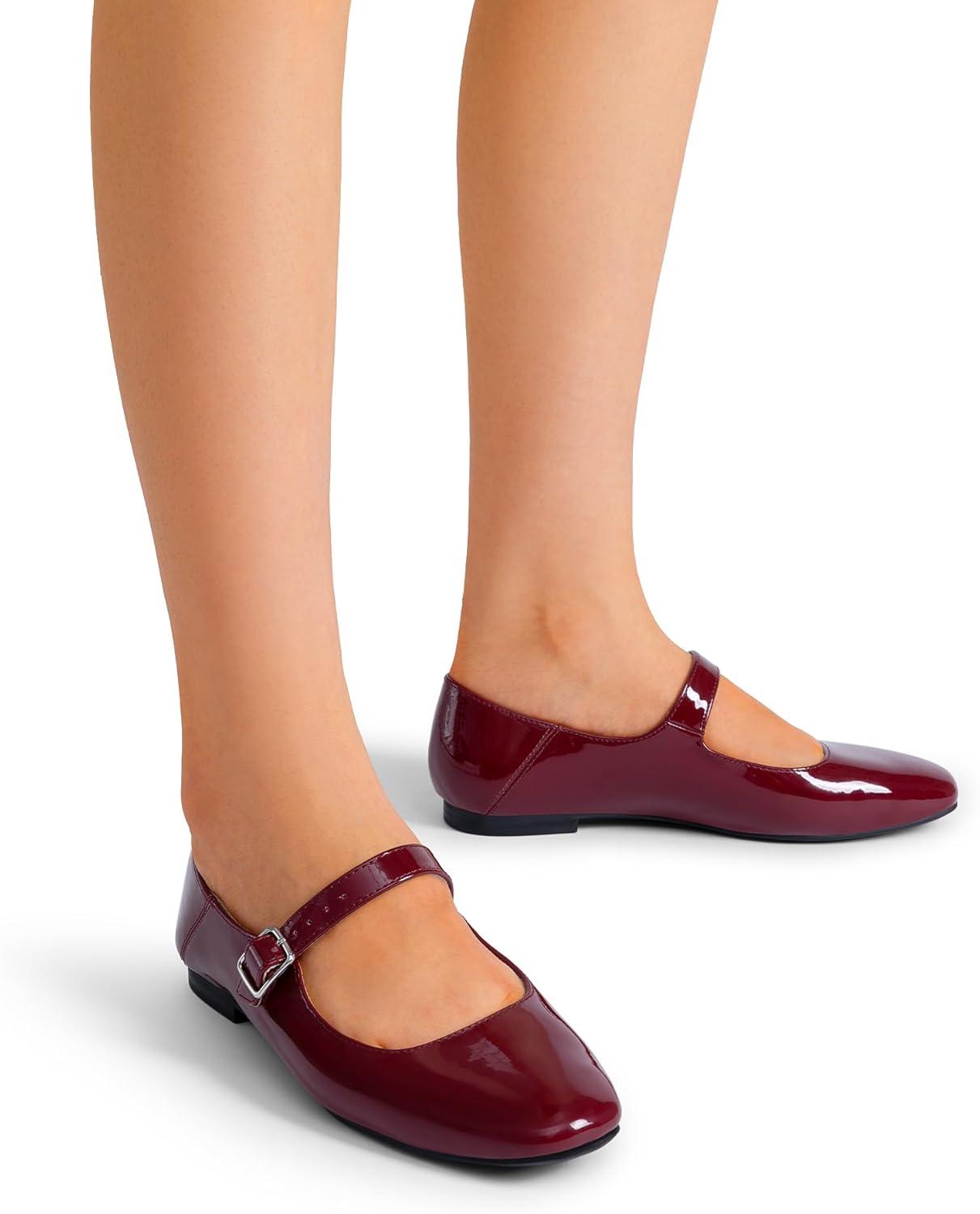 imageDREAM PAIRS Womens Silver Square Toe Mary Jane Flats Comfortable Casual Slip On Dress Shoes with Buckle Strap for Womens Daily WearBurgundy
