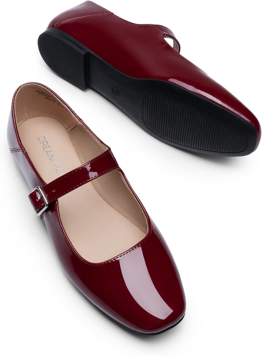 imageDREAM PAIRS Womens Silver Square Toe Mary Jane Flats Comfortable Casual Slip On Dress Shoes with Buckle Strap for Womens Daily WearBurgundy