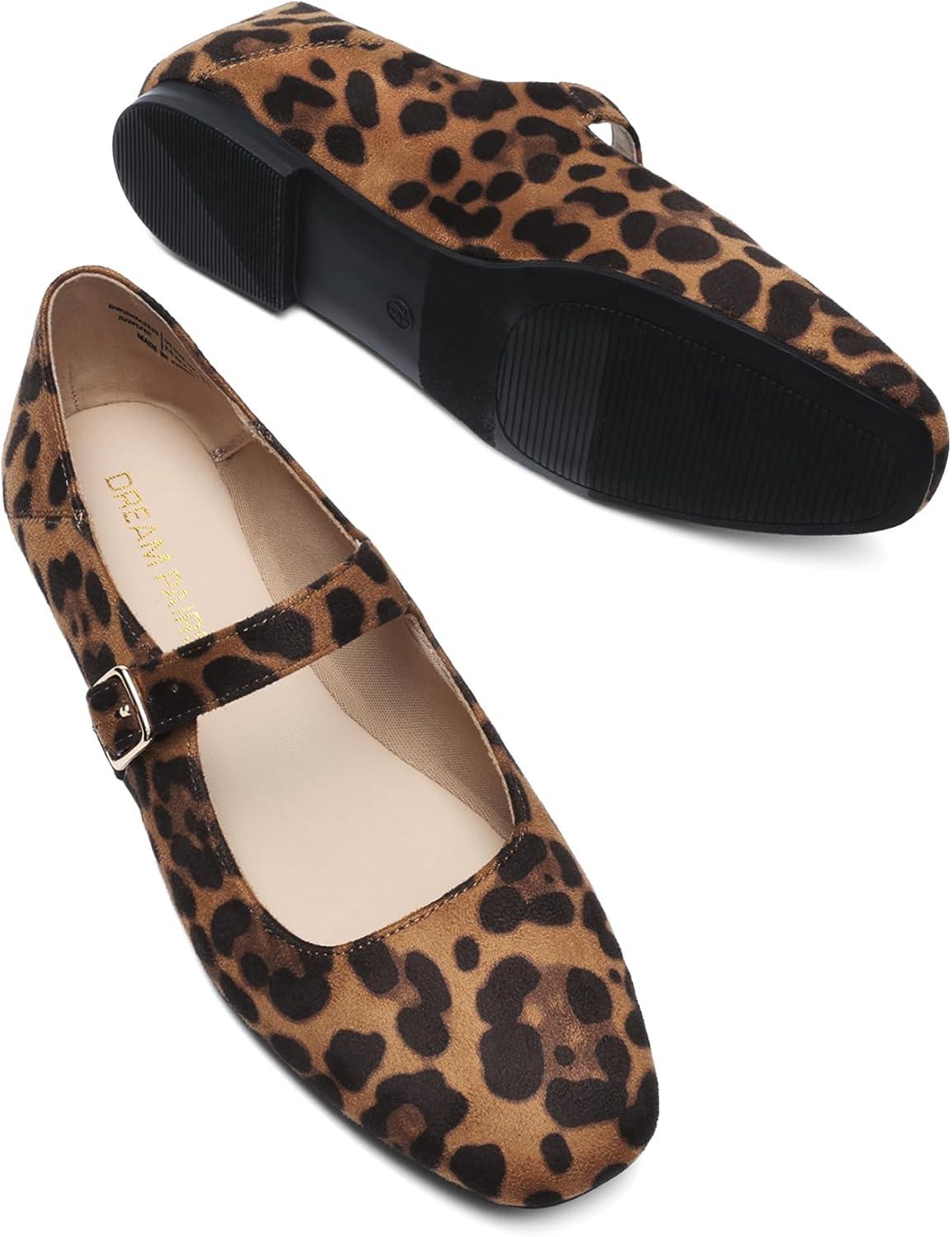 imageDREAM PAIRS Womens Silver Square Toe Mary Jane Flats Comfortable Casual Slip On Dress Shoes with Buckle Strap for Womens Daily WearLeopard