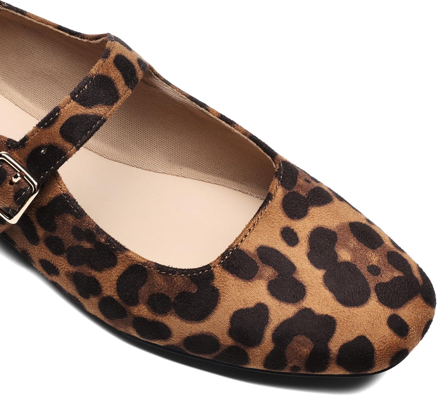 imageDREAM PAIRS Womens Silver Square Toe Mary Jane Flats Comfortable Casual Slip On Dress Shoes with Buckle Strap for Womens Daily WearLeopard