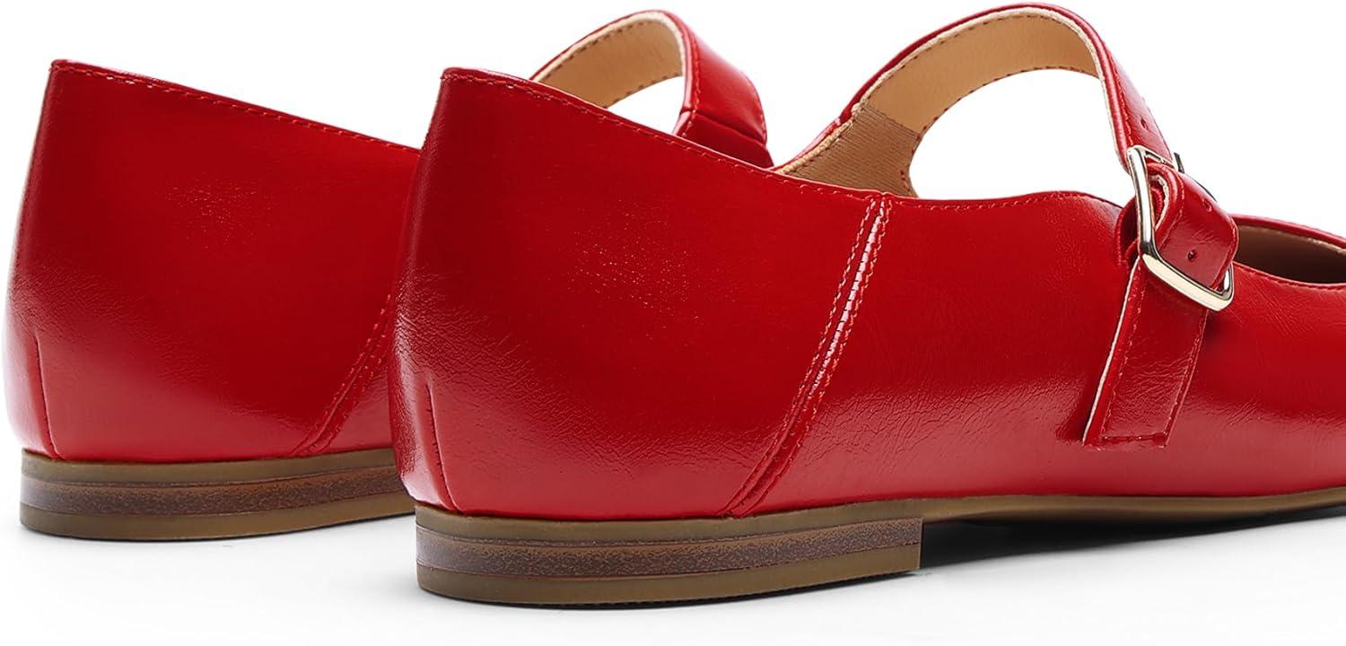 imageDREAM PAIRS Womens Silver Square Toe Mary Jane Flats Comfortable Casual Slip On Dress Shoes with Buckle Strap for Womens Daily WearRed