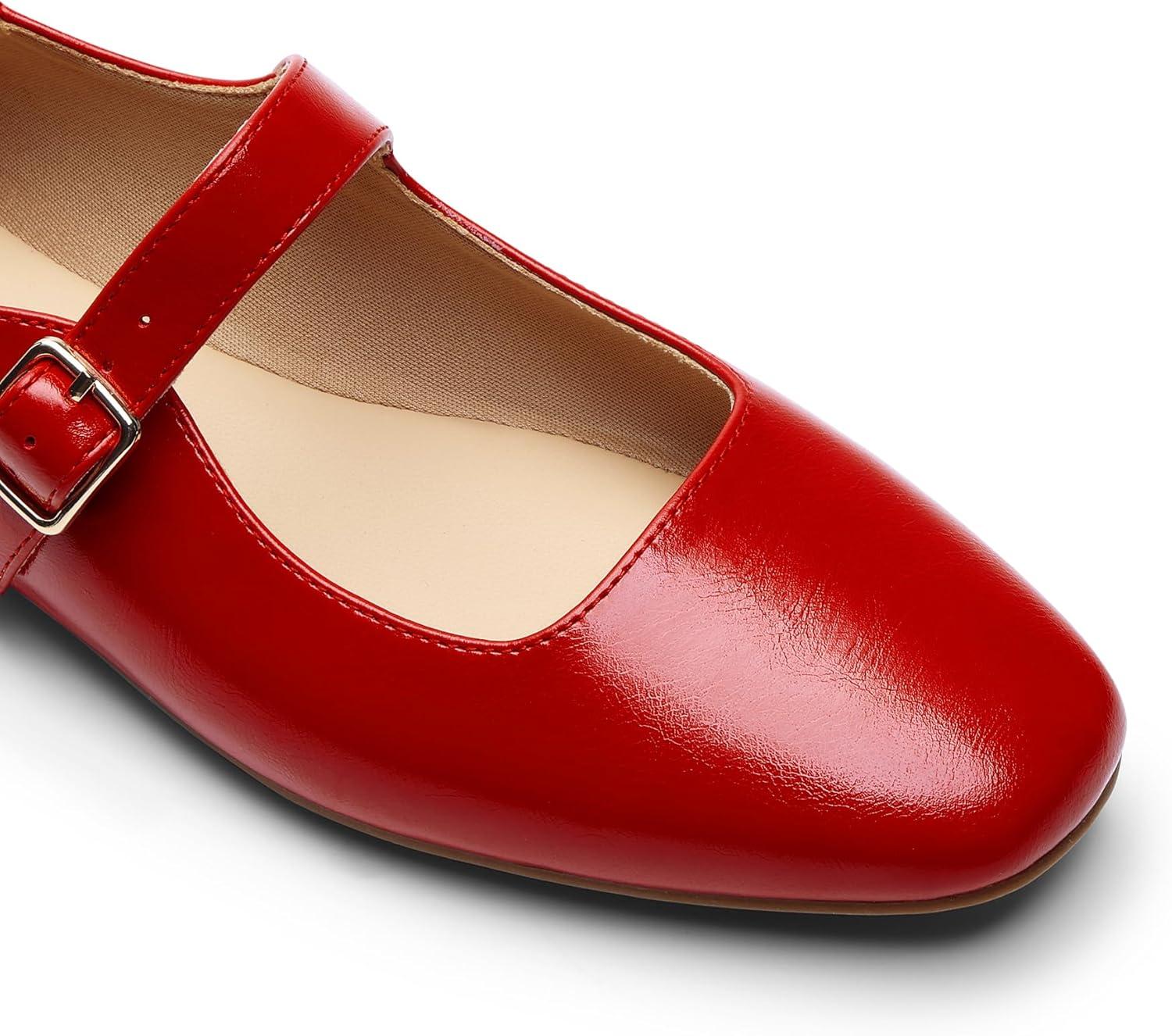 imageDREAM PAIRS Womens Silver Square Toe Mary Jane Flats Comfortable Casual Slip On Dress Shoes with Buckle Strap for Womens Daily WearRed