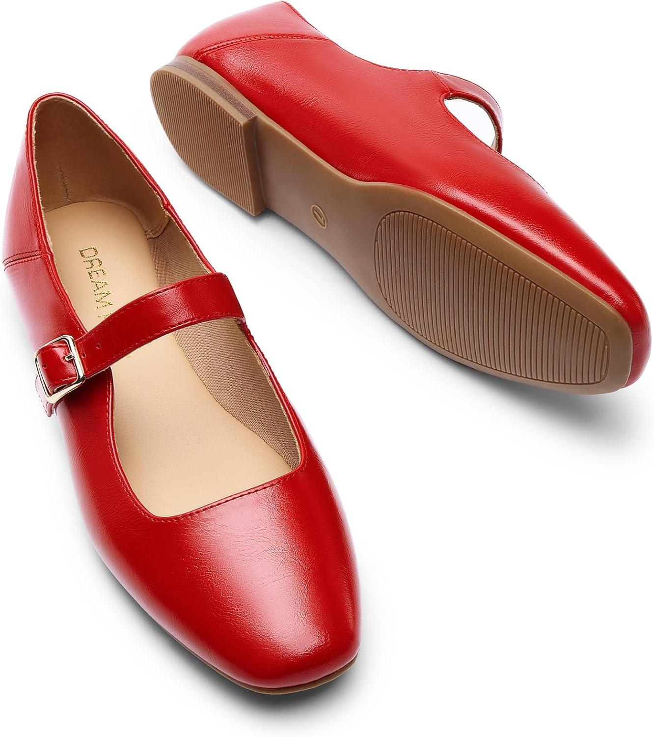 imageDREAM PAIRS Womens Silver Square Toe Mary Jane Flats Comfortable Casual Slip On Dress Shoes with Buckle Strap for Womens Daily WearRed