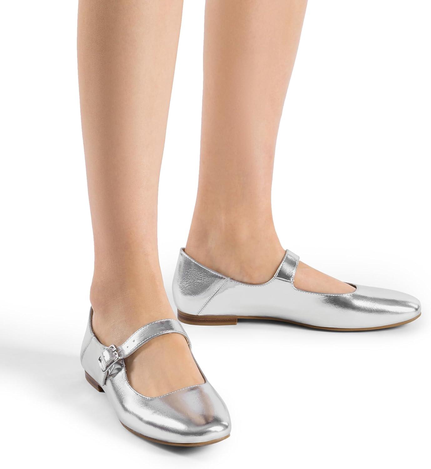imageDREAM PAIRS Womens Silver Square Toe Mary Jane Flats Comfortable Casual Slip On Dress Shoes with Buckle Strap for Womens Daily WearSilver