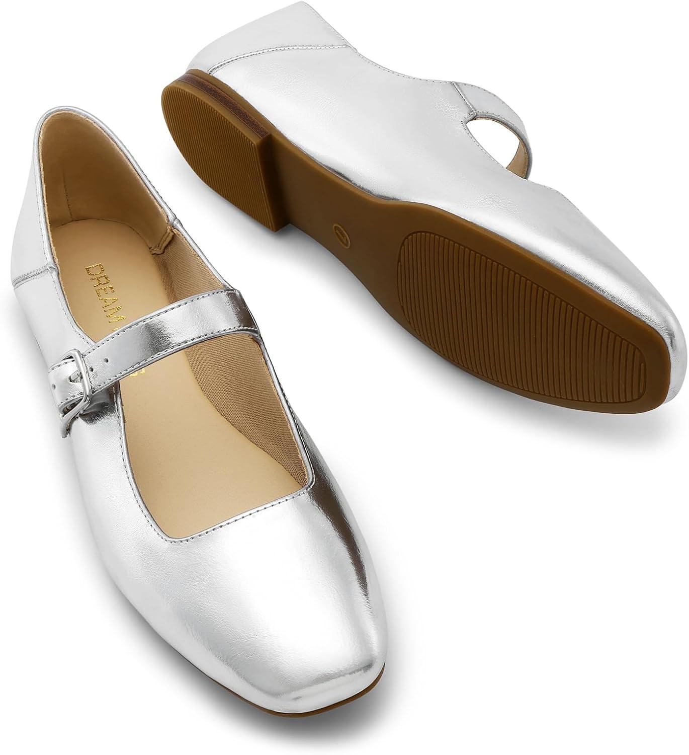 imageDREAM PAIRS Womens Silver Square Toe Mary Jane Flats Comfortable Casual Slip On Dress Shoes with Buckle Strap for Womens Daily WearSilver