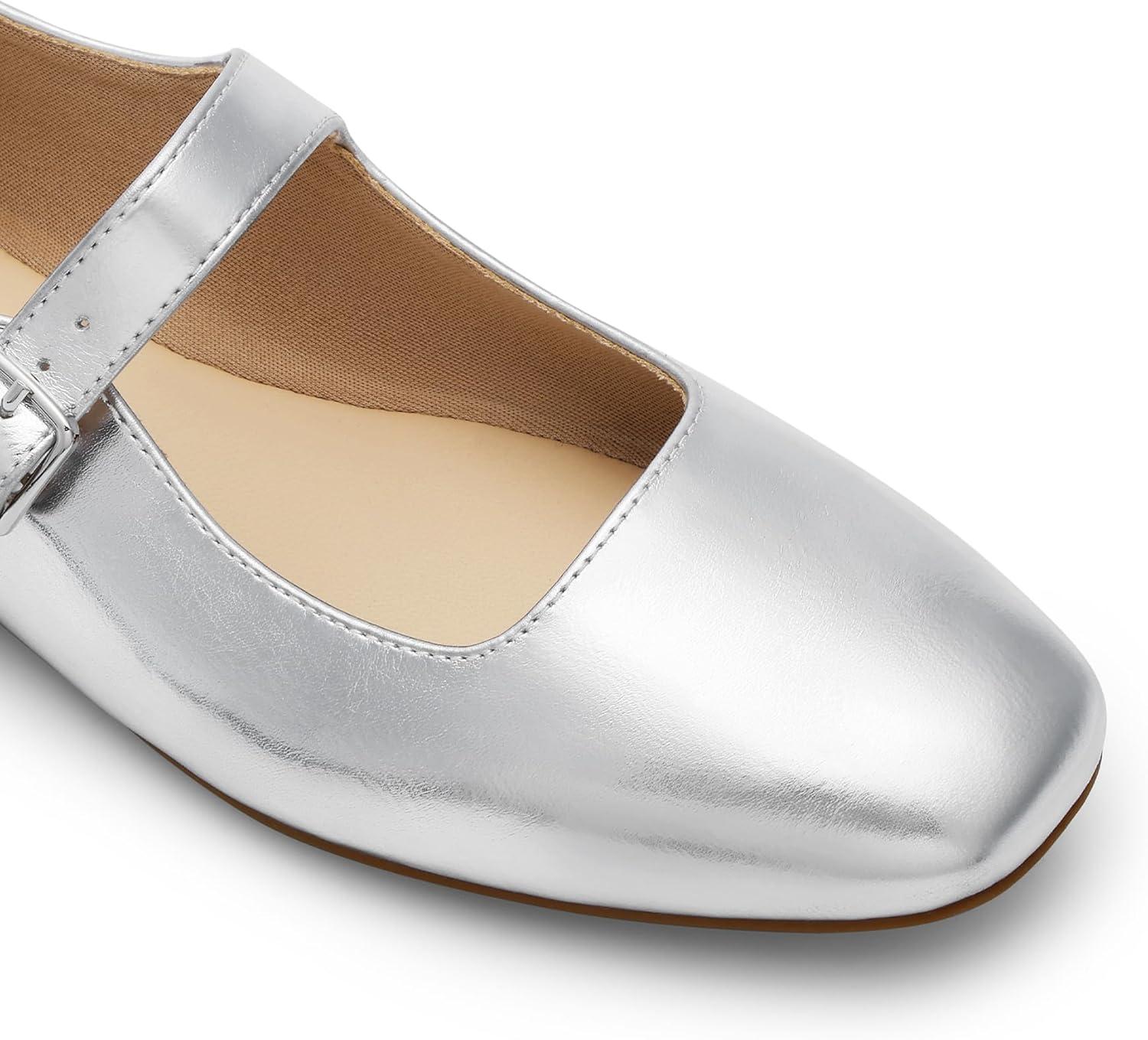 imageDREAM PAIRS Womens Silver Square Toe Mary Jane Flats Comfortable Casual Slip On Dress Shoes with Buckle Strap for Womens Daily WearSilver
