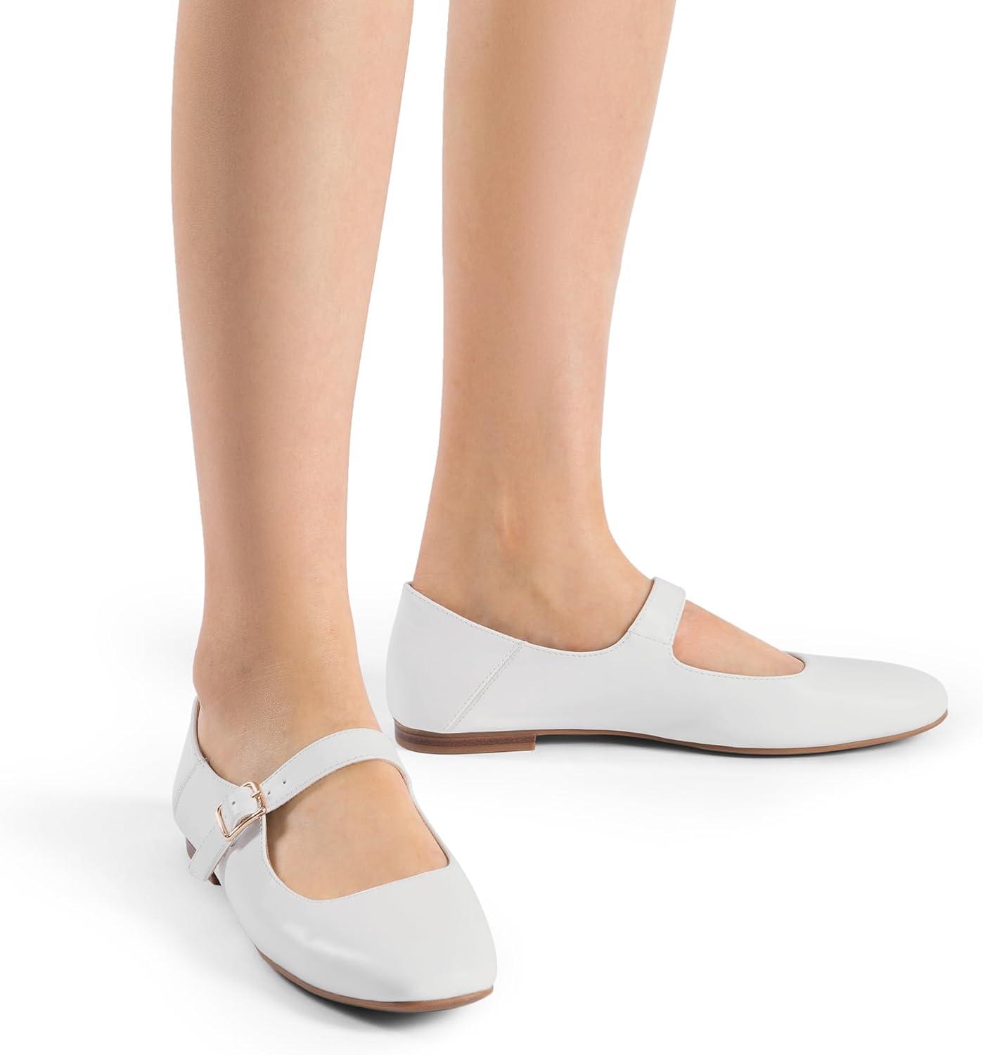 imageDREAM PAIRS Womens Silver Square Toe Mary Jane Flats Comfortable Casual Slip On Dress Shoes with Buckle Strap for Womens Daily WearWhite