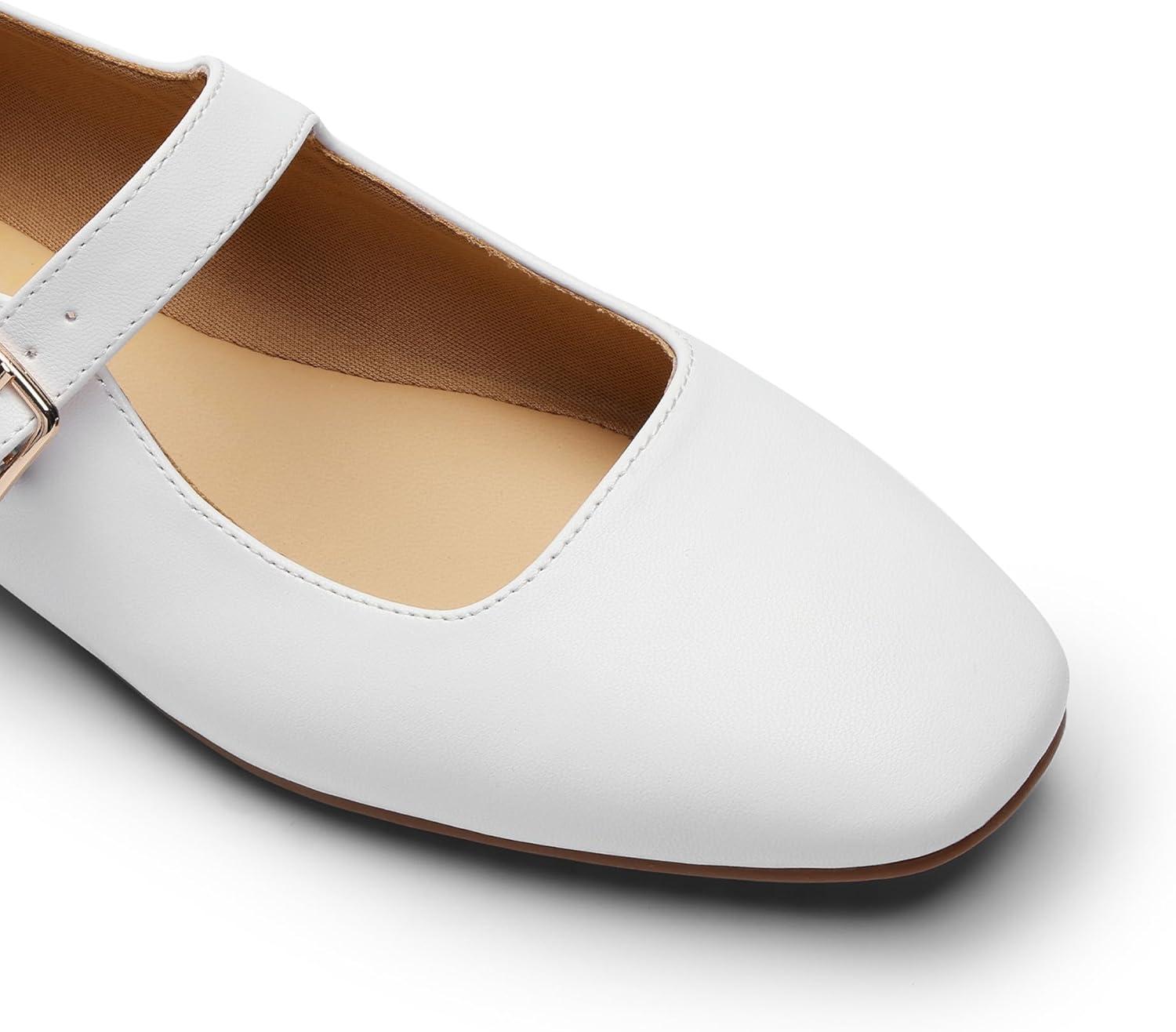 imageDREAM PAIRS Womens Silver Square Toe Mary Jane Flats Comfortable Casual Slip On Dress Shoes with Buckle Strap for Womens Daily WearWhite