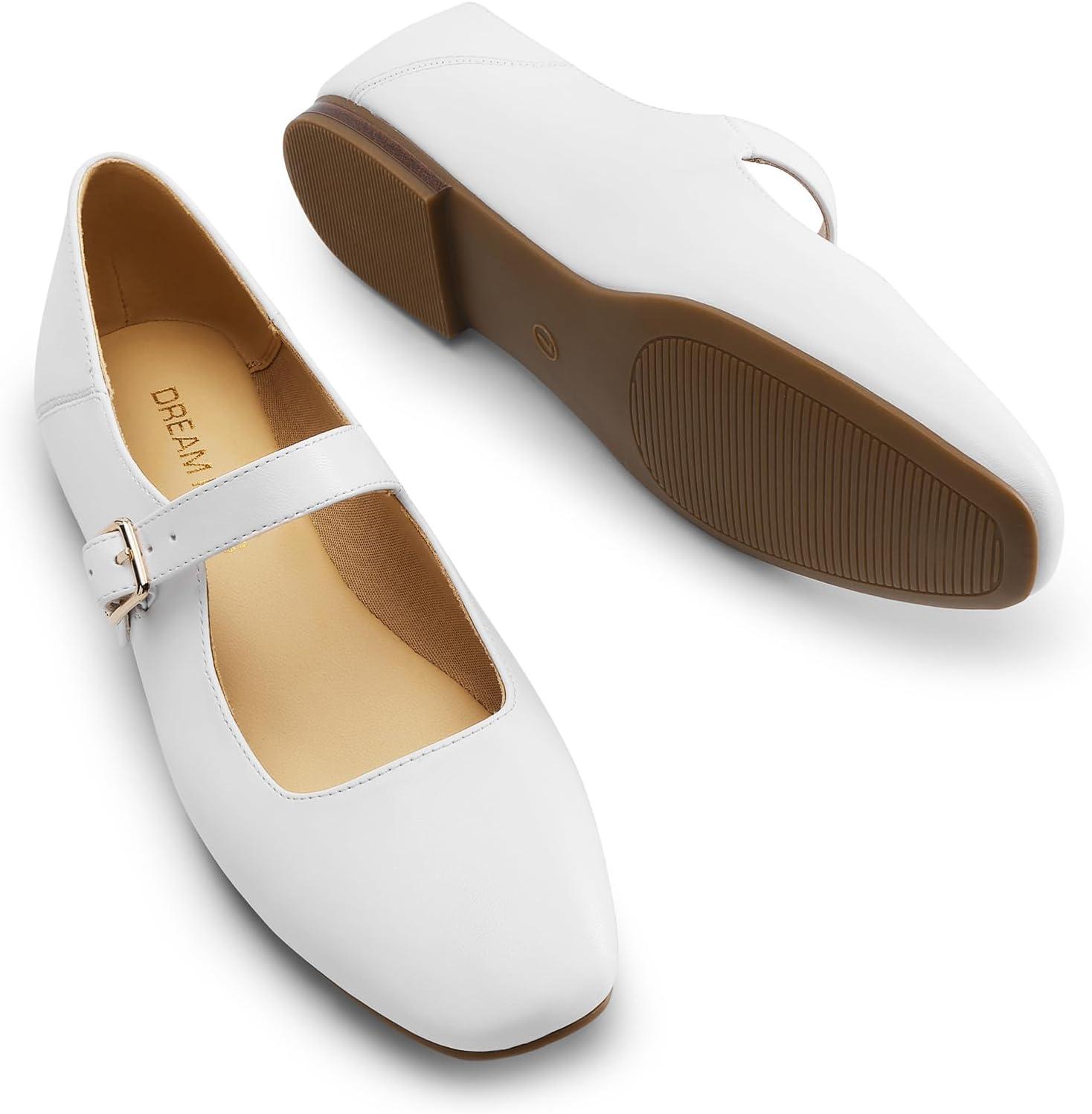 imageDREAM PAIRS Womens Silver Square Toe Mary Jane Flats Comfortable Casual Slip On Dress Shoes with Buckle Strap for Womens Daily WearWhite