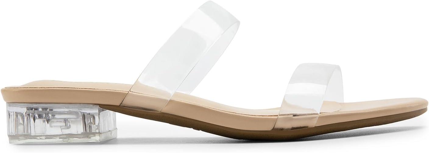 imageDREAM PAIRS Womens Slides Heels Slip On Low Block Sandals Two Strap Open Round Toe Chunky Casual Summer Mules ShoesClear