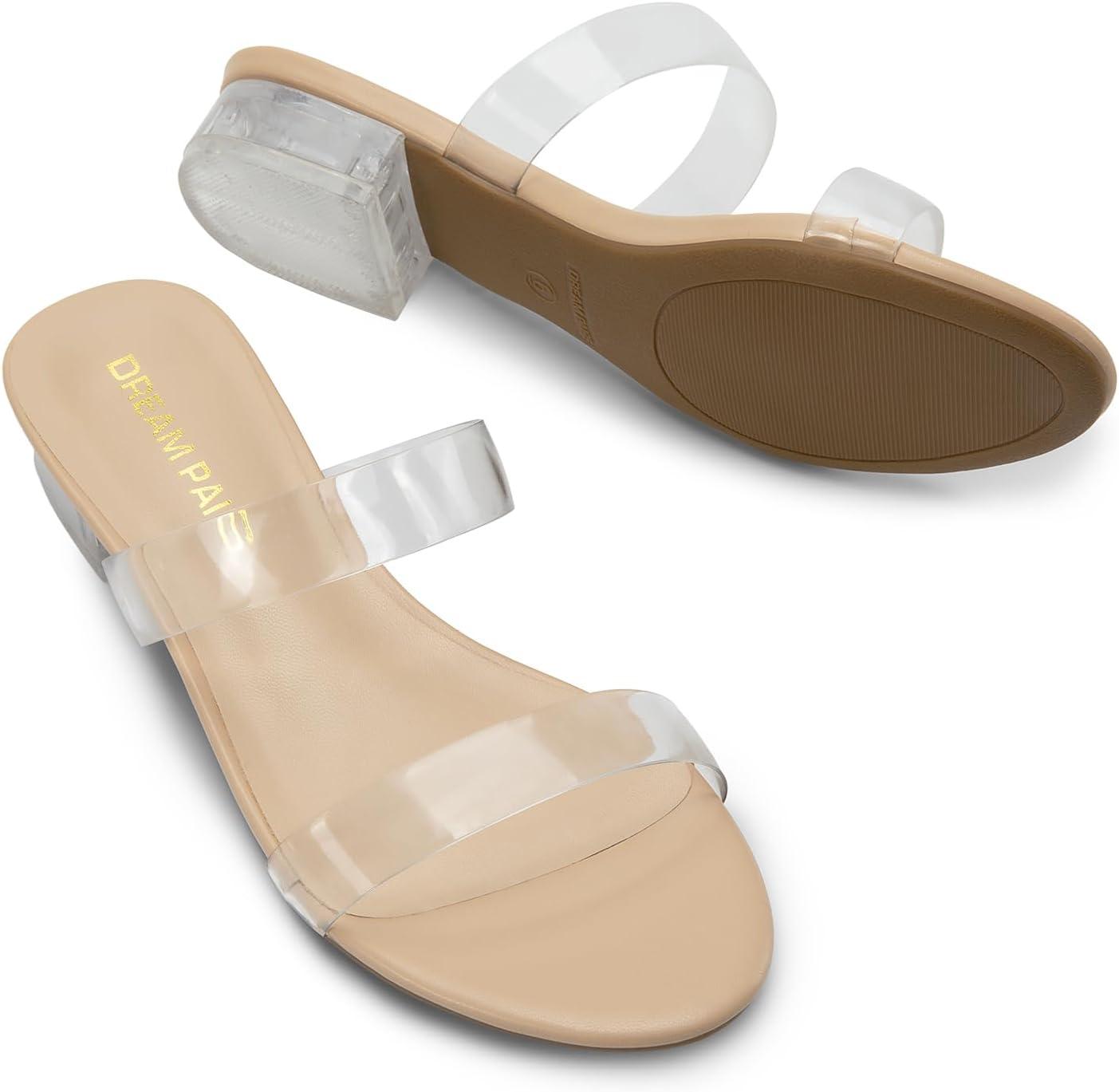 imageDREAM PAIRS Womens Slides Heels Slip On Low Block Sandals Two Strap Open Round Toe Chunky Casual Summer Mules ShoesClear