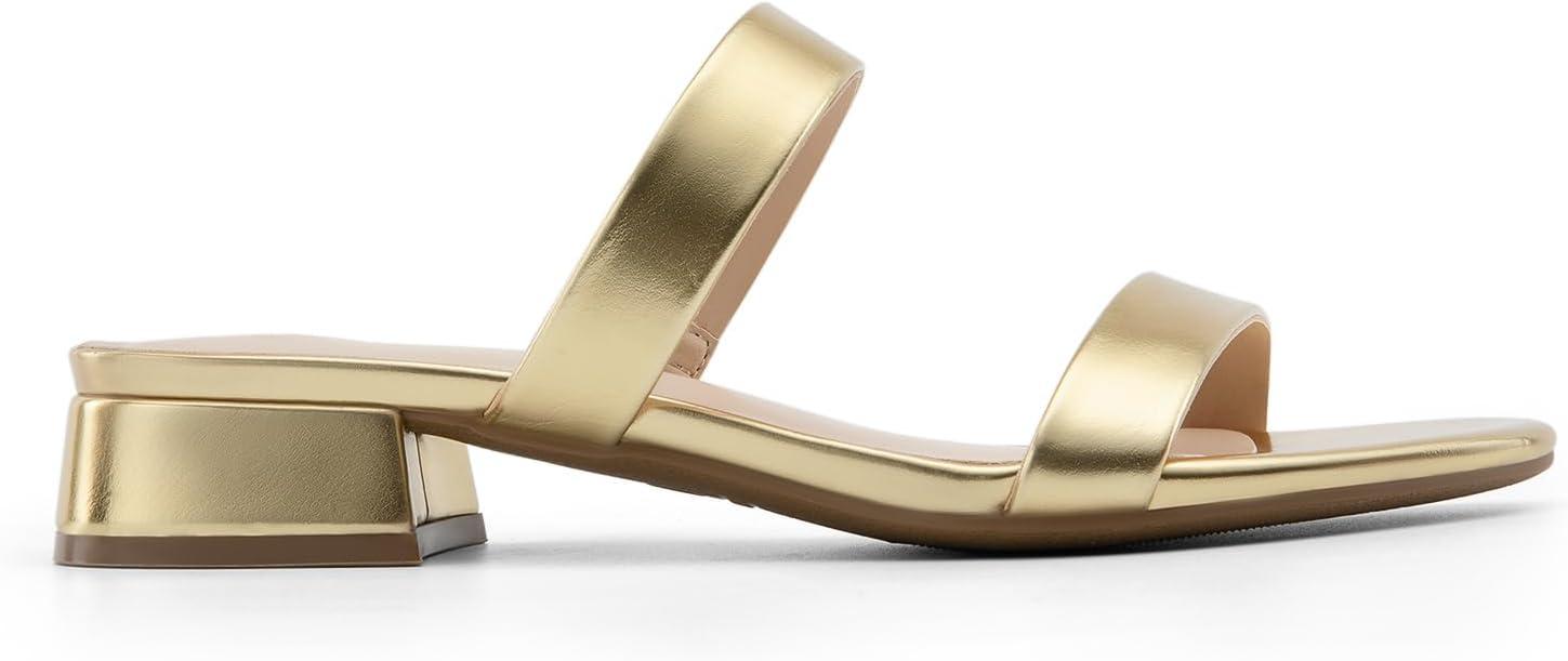 imageDREAM PAIRS Womens Slides Heels Slip On Low Block Sandals Two Strap Open Round Toe Chunky Casual Summer Mules ShoesGold
