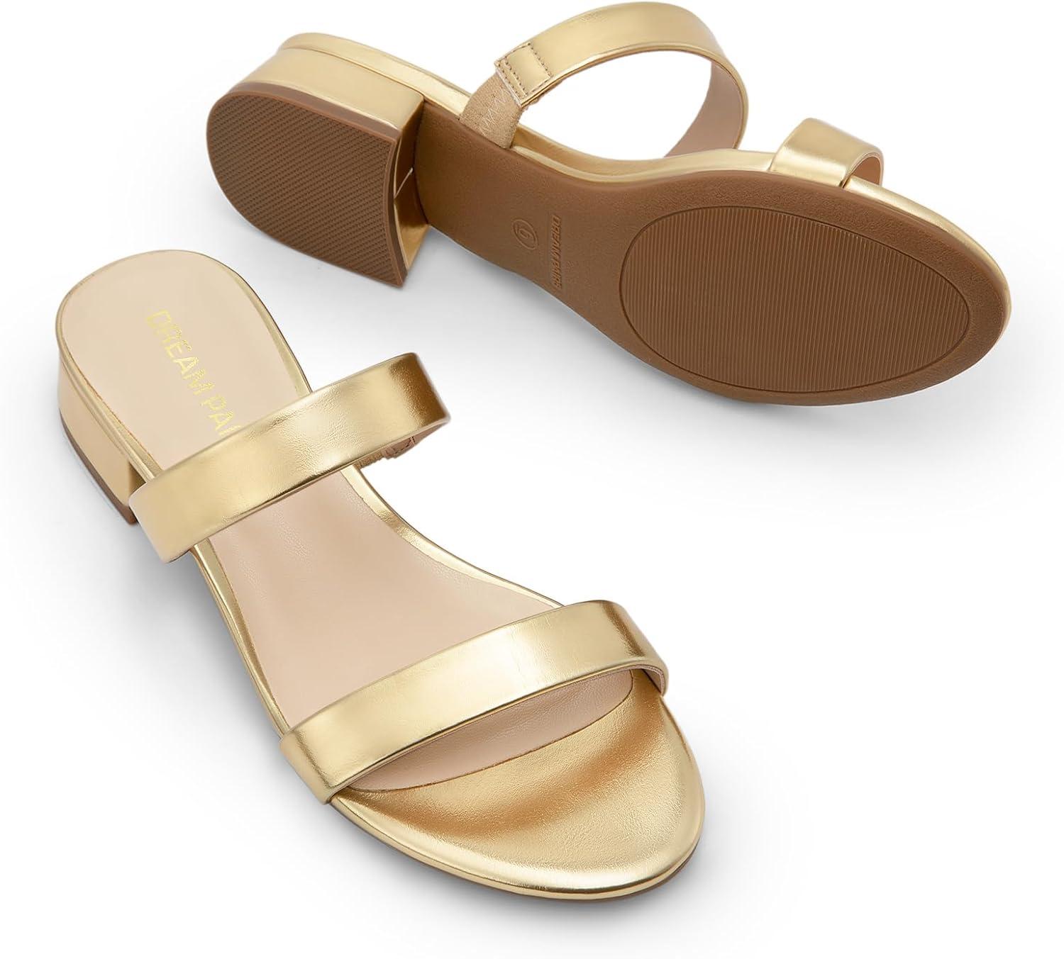 imageDREAM PAIRS Womens Slides Heels Slip On Low Block Sandals Two Strap Open Round Toe Chunky Casual Summer Mules ShoesGold