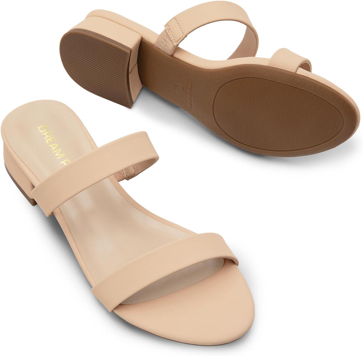 imageDREAM PAIRS Womens Slides Heels Slip On Low Block Sandals Two Strap Open Round Toe Chunky Casual Summer Mules ShoesNudenubuck