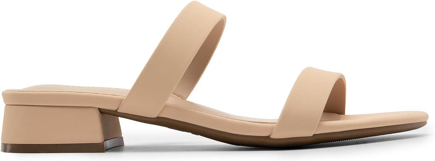 imageDREAM PAIRS Womens Slides Heels Slip On Low Block Sandals Two Strap Open Round Toe Chunky Casual Summer Mules ShoesNudenubuck
