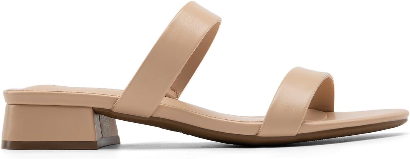imageDREAM PAIRS Womens Slides Heels Slip On Low Block Sandals Two Strap Open Round Toe Chunky Casual Summer Mules ShoesNudepu