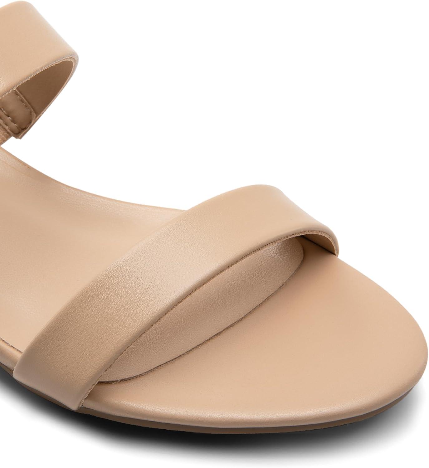 imageDREAM PAIRS Womens Slides Heels Slip On Low Block Sandals Two Strap Open Round Toe Chunky Casual Summer Mules ShoesNudepu