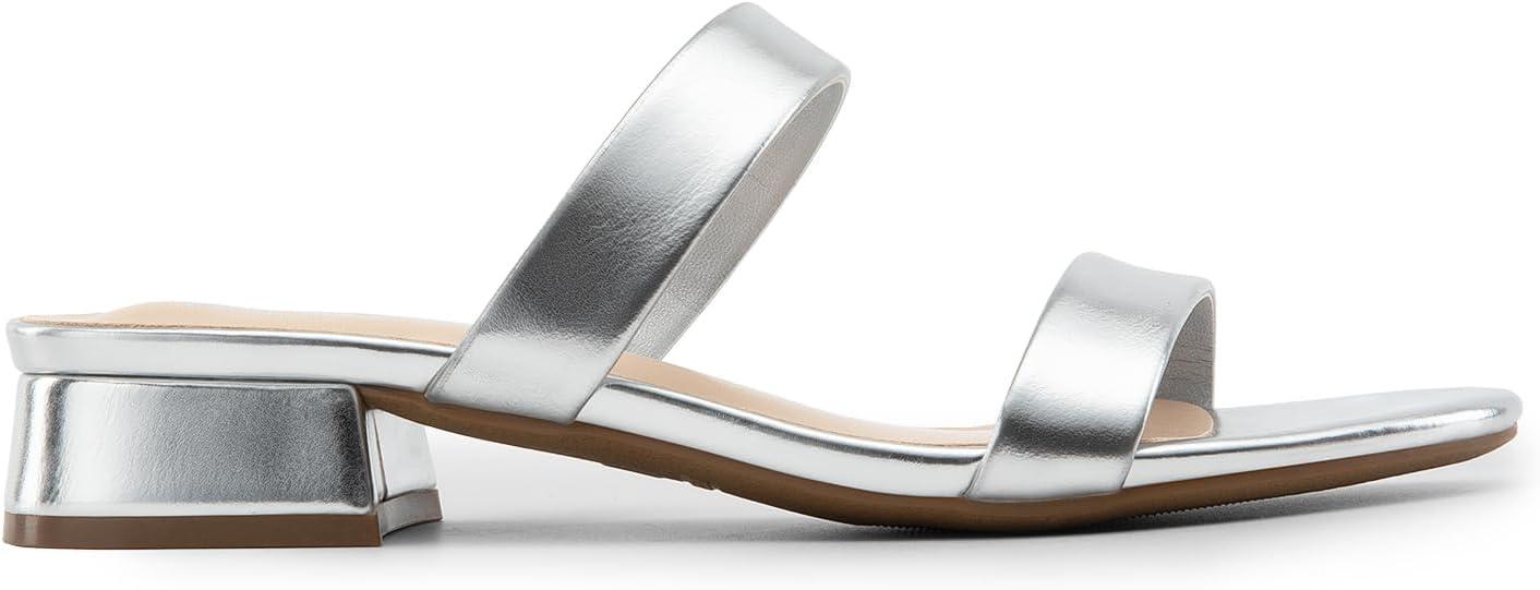 imageDREAM PAIRS Womens Slides Heels Slip On Low Block Sandals Two Strap Open Round Toe Chunky Casual Summer Mules ShoesSilver