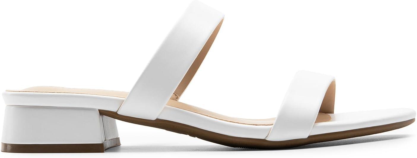 imageDREAM PAIRS Womens Slides Heels Slip On Low Block Sandals Two Strap Open Round Toe Chunky Casual Summer Mules ShoesWhite