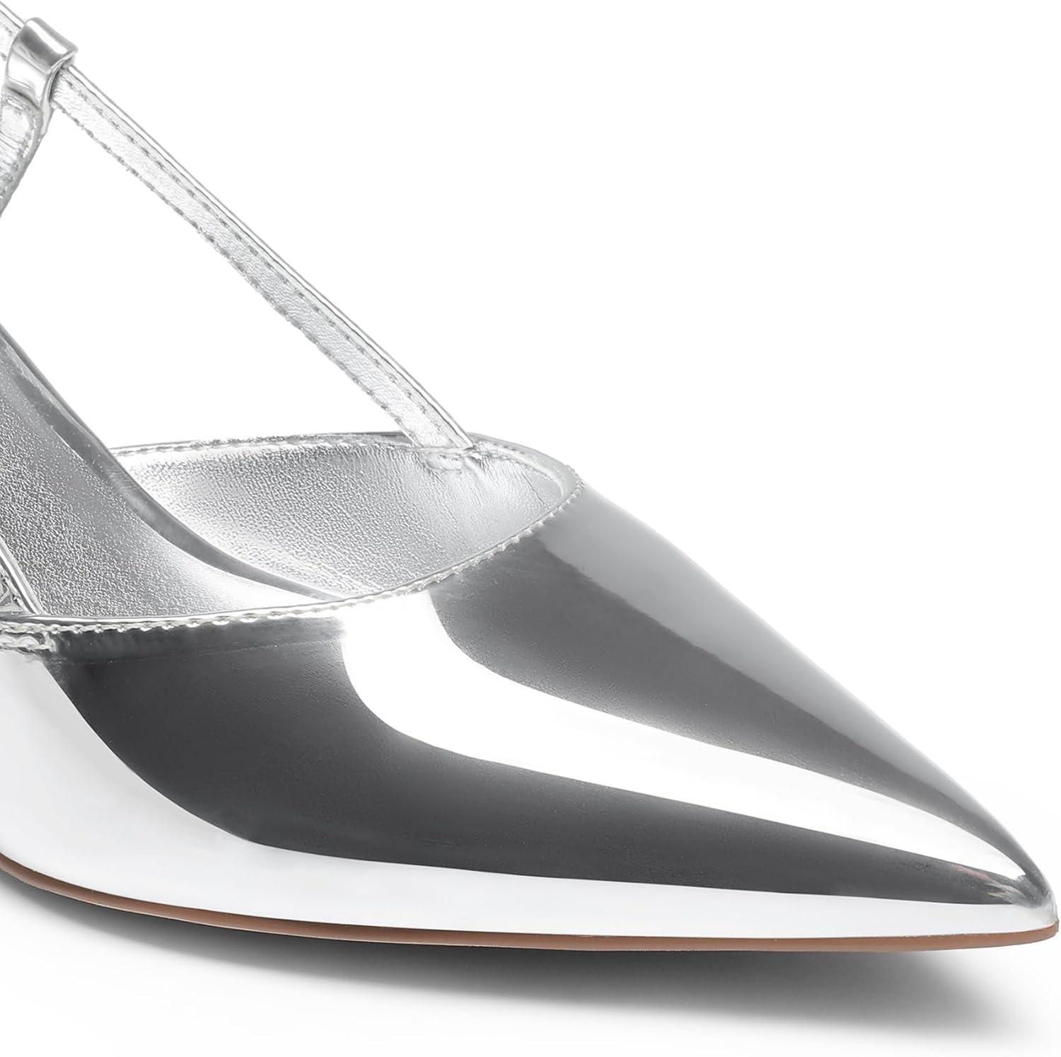 imageDREAM PAIRS Womens Slingback Kitten Heels Closed Pointed Toe Low Stiletto Heels Dress Bridal Party Wedding Pumps ShoesSilver