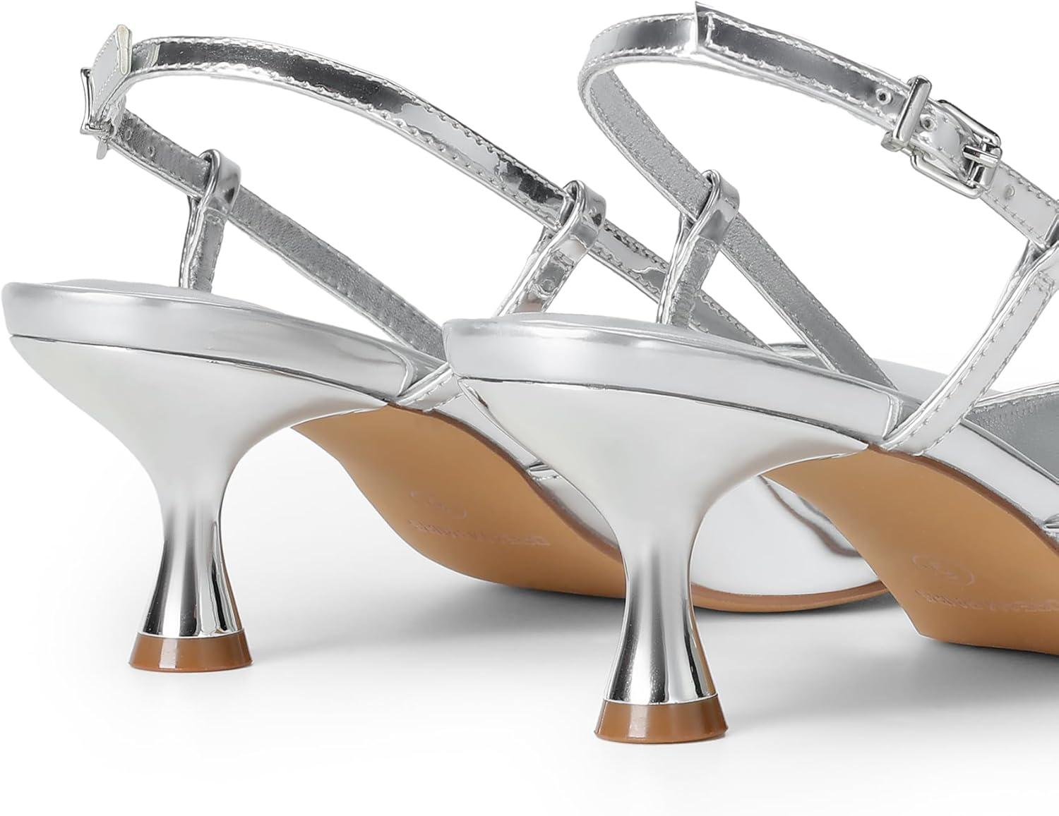 imageDREAM PAIRS Womens Slingback Kitten Heels Closed Pointed Toe Low Stiletto Heels Dress Bridal Party Wedding Pumps ShoesSilver