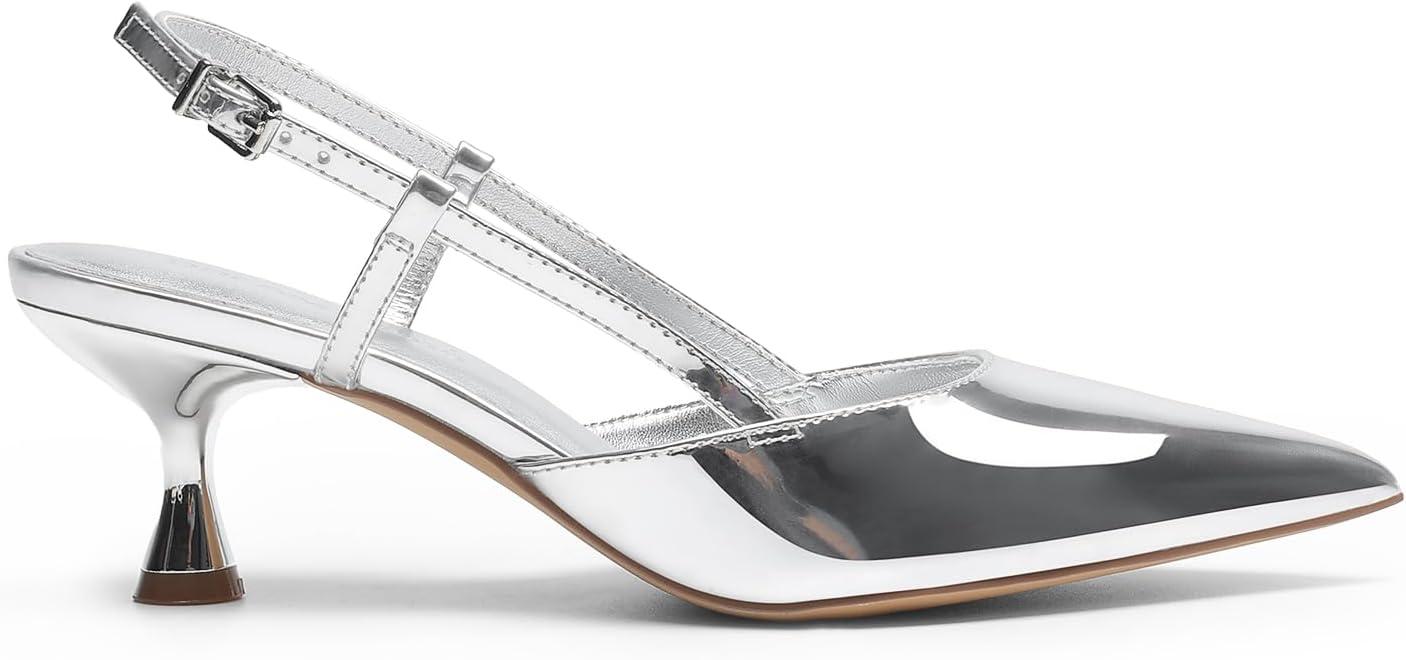 imageDREAM PAIRS Womens Slingback Kitten Heels Closed Pointed Toe Low Stiletto Heels Dress Bridal Party Wedding Pumps ShoesSilver