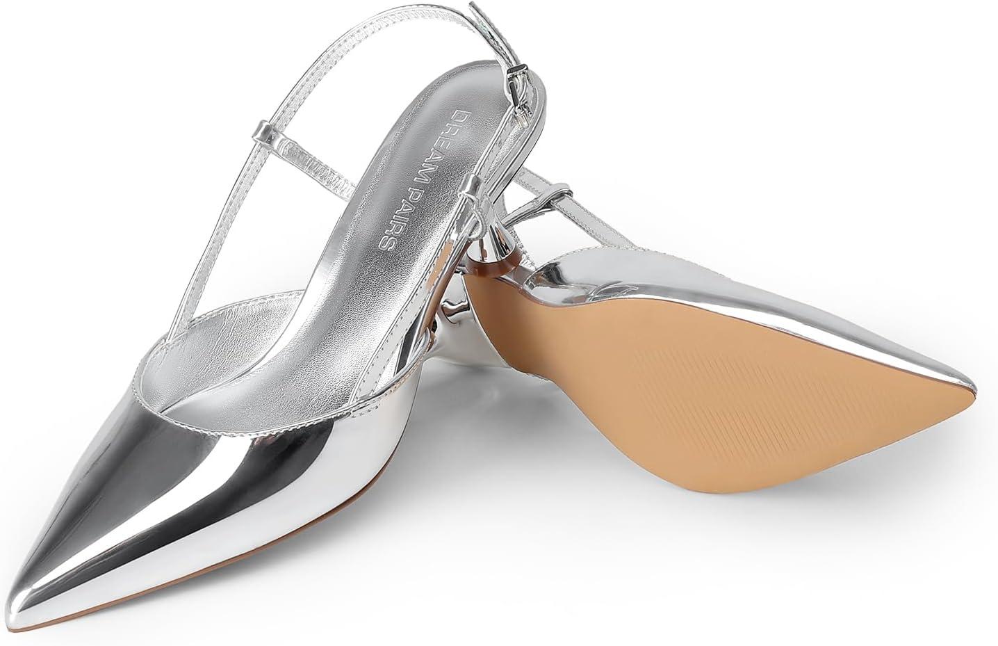 imageDREAM PAIRS Womens Slingback Kitten Heels Closed Pointed Toe Low Stiletto Heels Dress Bridal Party Wedding Pumps ShoesSilver