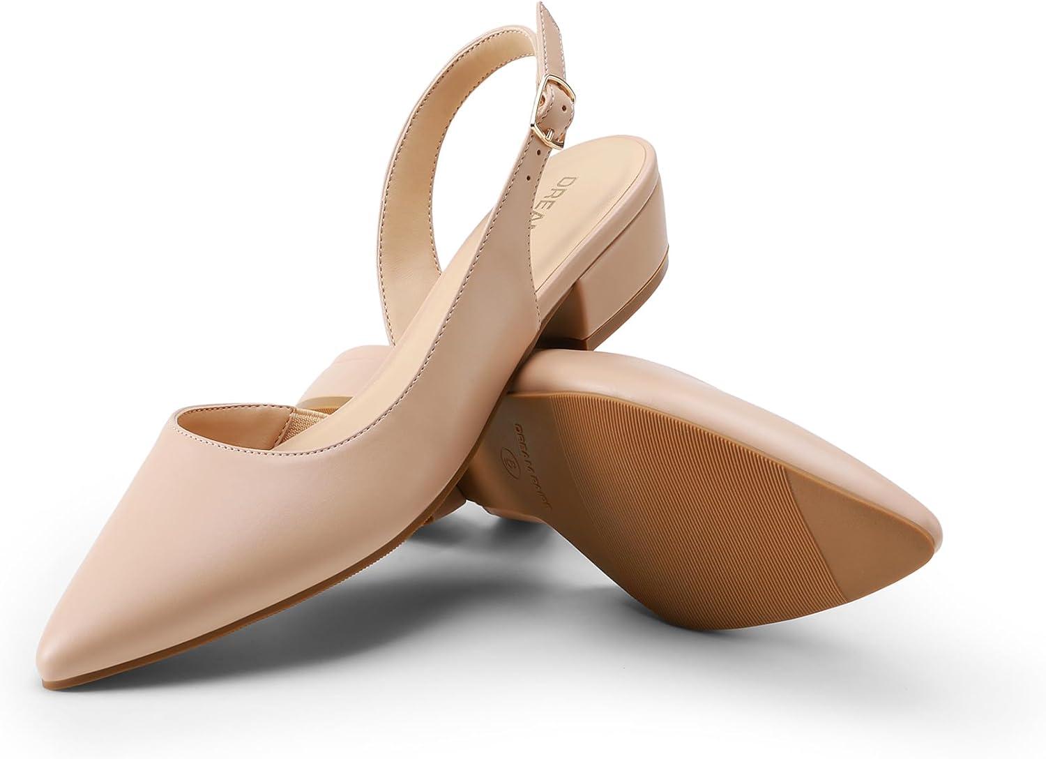 imageDREAM PAIRS Womens Slingback Kitten Low Block Heels Closed Pointed Toe Ankle Strap Elegant Dressy Pumps Wedding Party Dress Shoes for WomenNude