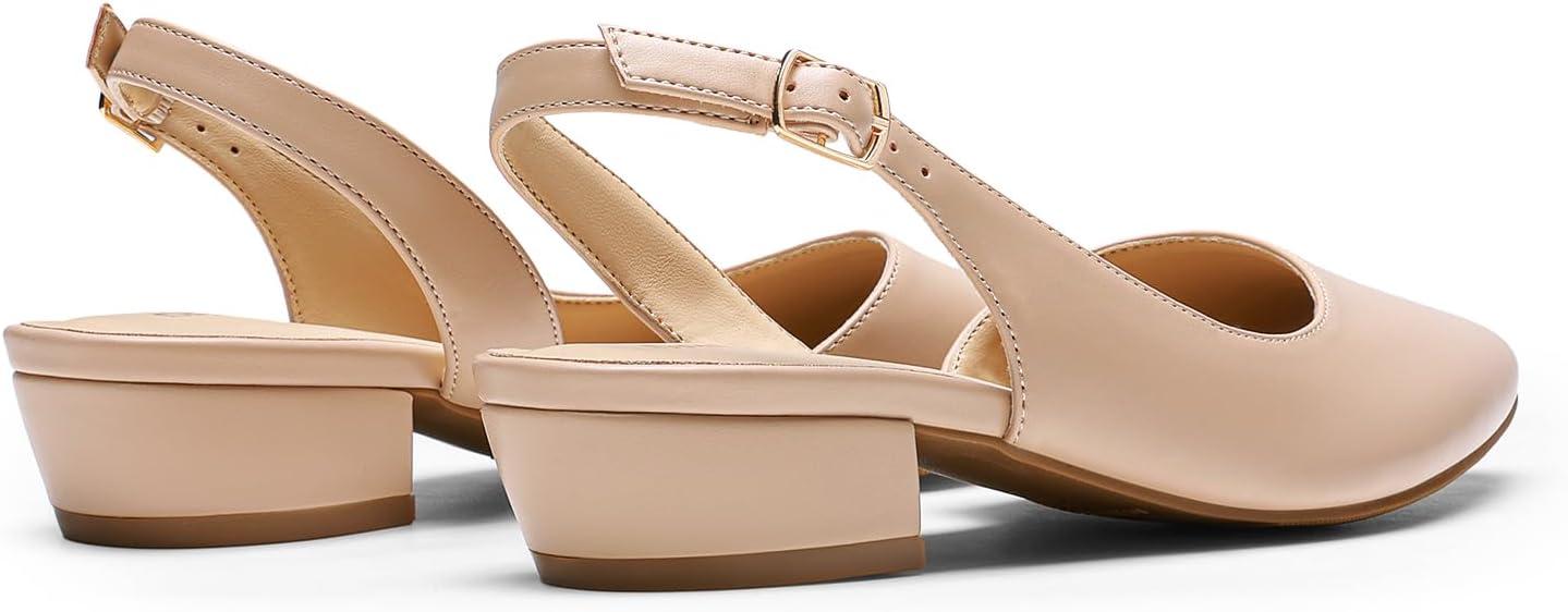 imageDREAM PAIRS Womens Slingback Kitten Low Block Heels Closed Pointed Toe Ankle Strap Elegant Dressy Pumps Wedding Party Dress Shoes for WomenNude