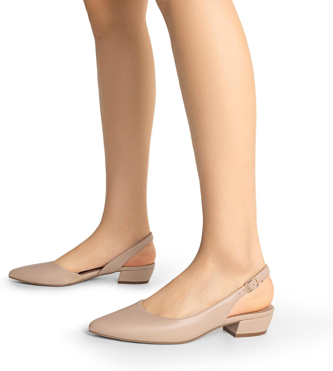 imageDREAM PAIRS Womens Slingback Kitten Low Block Heels Closed Pointed Toe Ankle Strap Elegant Dressy Pumps Wedding Party Dress Shoes for WomenNude