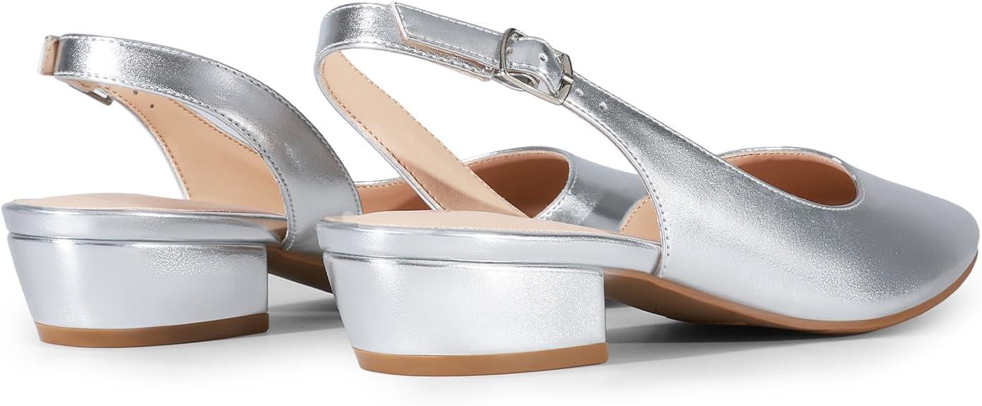 imageDREAM PAIRS Womens Slingback Kitten Low Block Heels Closed Pointed Toe Ankle Strap Elegant Dressy Pumps Wedding Party Dress Shoes for WomenSilver