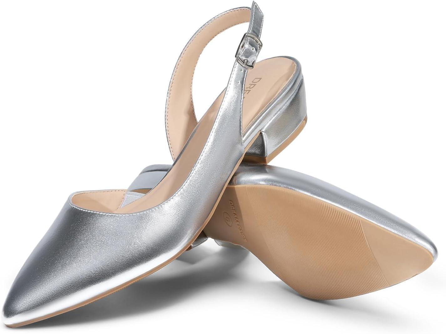 imageDREAM PAIRS Womens Slingback Kitten Low Block Heels Closed Pointed Toe Ankle Strap Elegant Dressy Pumps Wedding Party Dress Shoes for WomenSilver