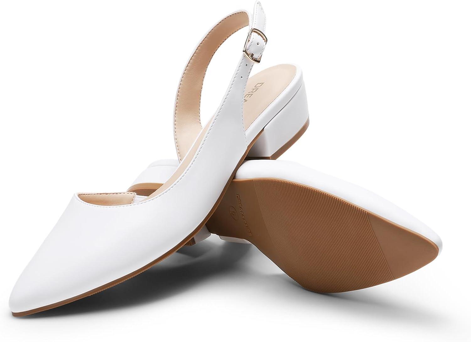 imageDREAM PAIRS Womens Slingback Kitten Low Block Heels Closed Pointed Toe Ankle Strap Elegant Dressy Pumps Wedding Party Dress Shoes for WomenWhite
