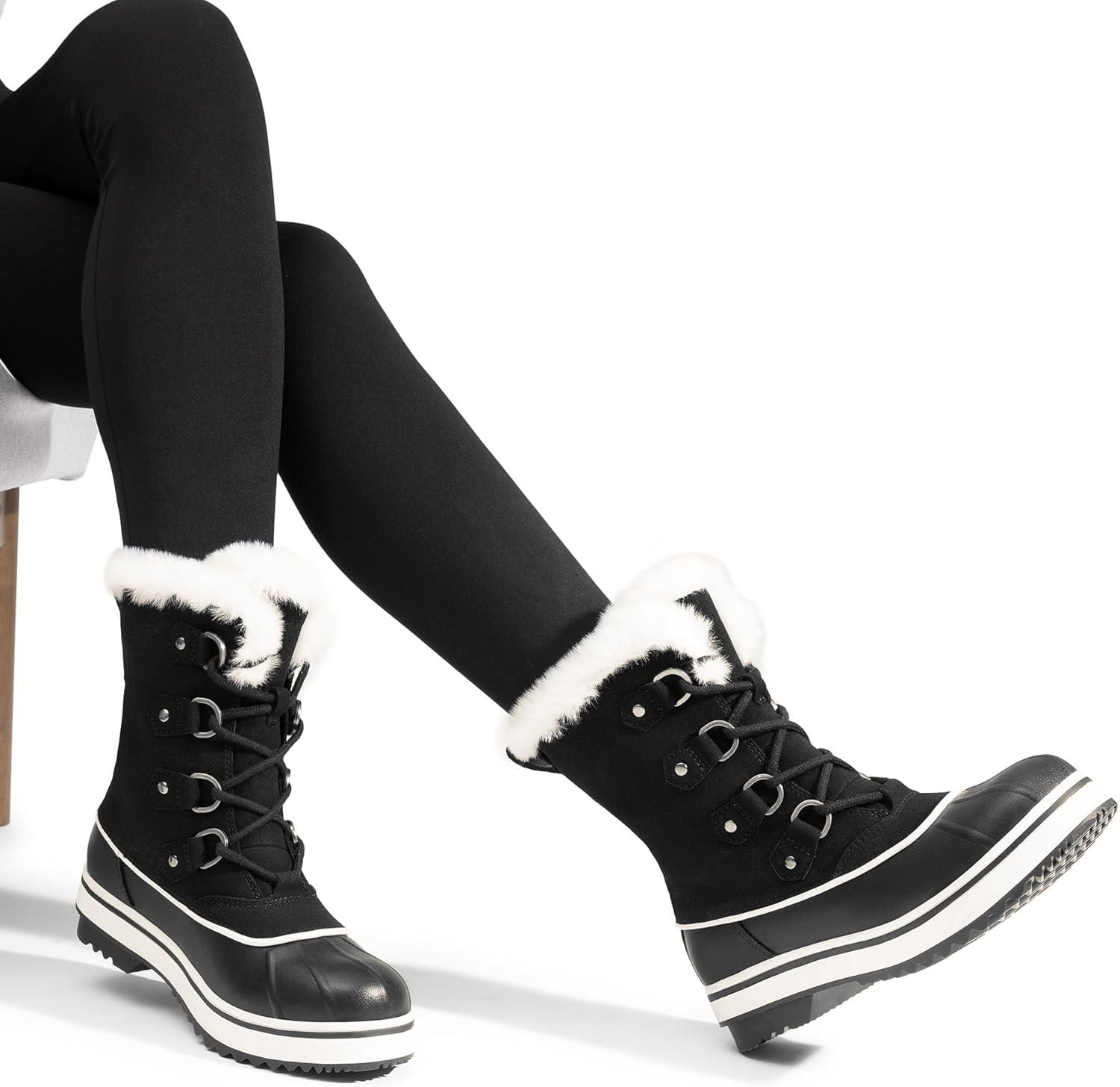 imageDREAM PAIRS Womens Snow Winter Boots Mid Calf Waterproof Warm Faux Fur Lined Lace Up Antislip Outdoor Duck BootsBlack