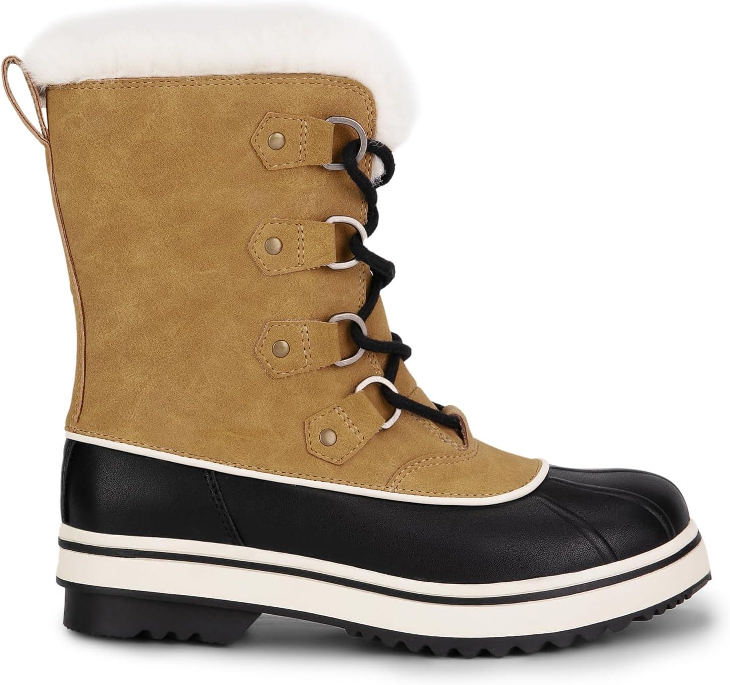 imageDREAM PAIRS Womens Snow Winter Boots Mid Calf Waterproof Warm Faux Fur Lined Lace Up Antislip Outdoor Duck BootsChestnutBlack