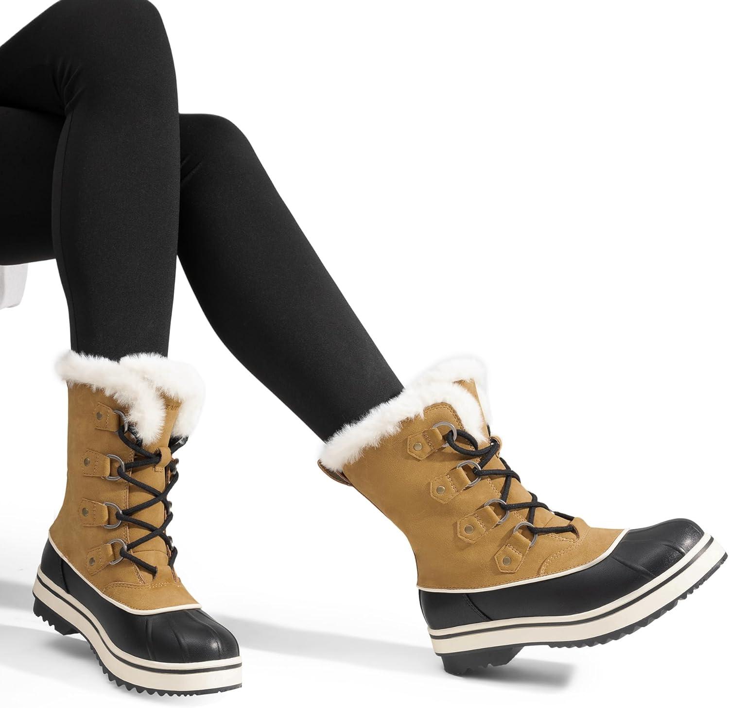 imageDREAM PAIRS Womens Snow Winter Boots Mid Calf Waterproof Warm Faux Fur Lined Lace Up Antislip Outdoor Duck BootsChestnutBlack