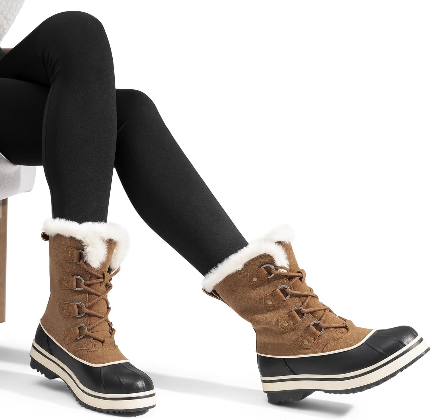 imageDREAM PAIRS Womens Snow Winter Boots Mid Calf Waterproof Warm Faux Fur Lined Lace Up Antislip Outdoor Duck BootsTan