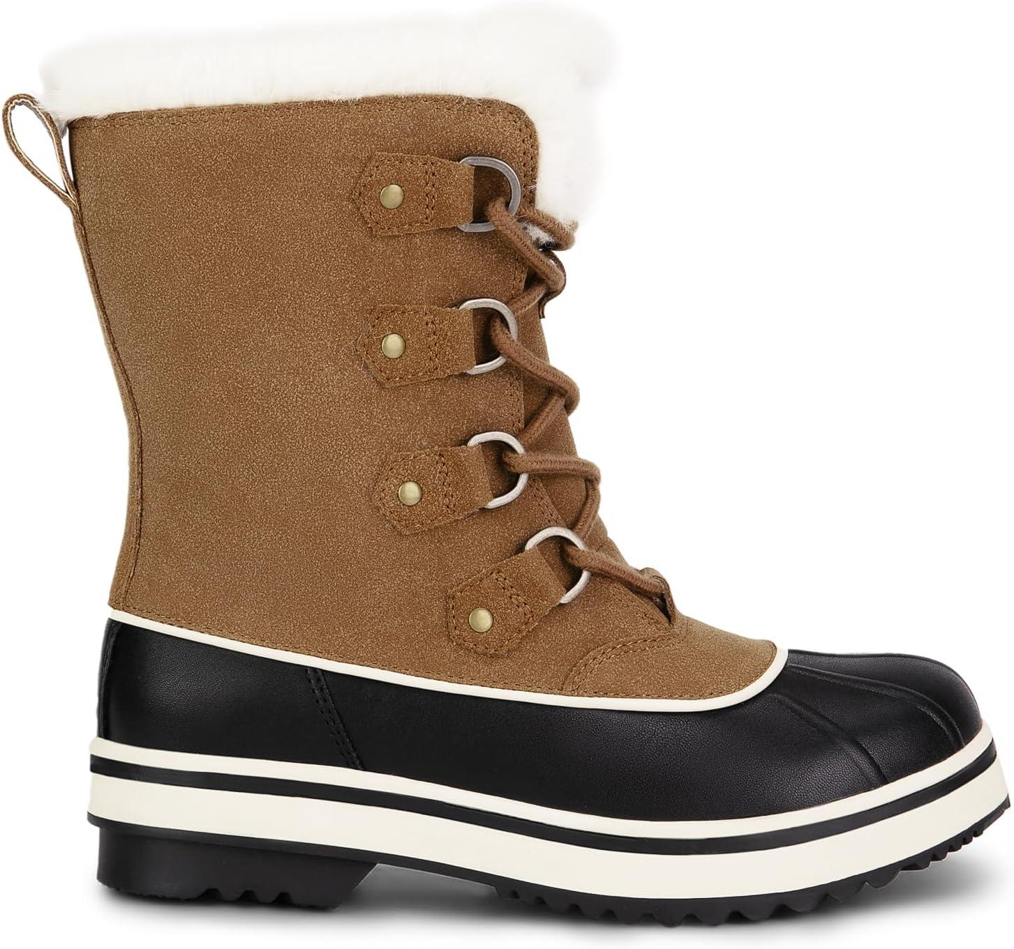 imageDREAM PAIRS Womens Snow Winter Boots Mid Calf Waterproof Warm Faux Fur Lined Lace Up Antislip Outdoor Duck BootsTan