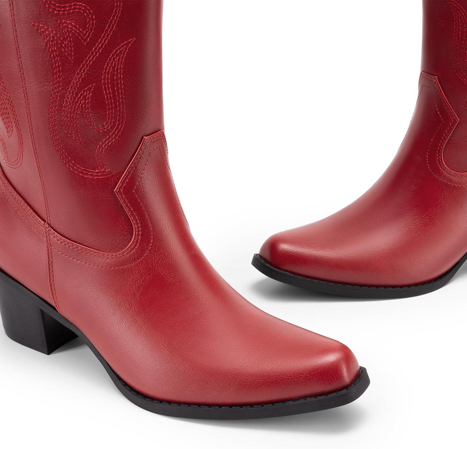 imageDREAM PAIRS Womens Square Toe Cowboy Cowgirl Boots Embroidered Mid Calf Western Boots Fashion Dress Low Chunky Heel Boots for Theme Party Country ConcertRedpu