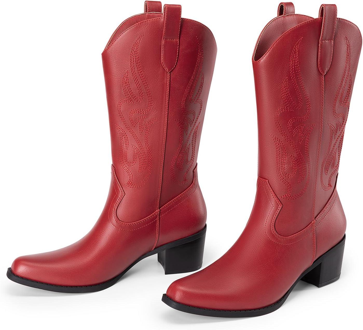 imageDREAM PAIRS Womens Square Toe Cowboy Cowgirl Boots Embroidered Mid Calf Western Boots Fashion Dress Low Chunky Heel Boots for Theme Party Country ConcertRedpu